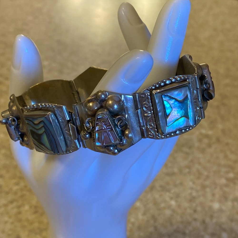 Vtg MEXICO Alpaca Abalone Aztec Panel Bracelet
